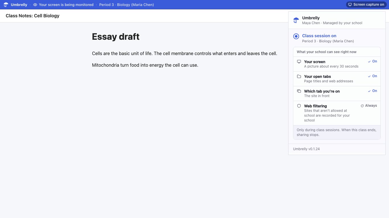 A student's screen during Period 3 Biology: the solid blue monitoring banner across the top of the page, and the Umbrelly toolbar popup open showing Class session on and What your school can see right now: your screen, a picture about every 30 seconds; your open tabs, page titles and web addresses; which tab you're on; and web filtering, always