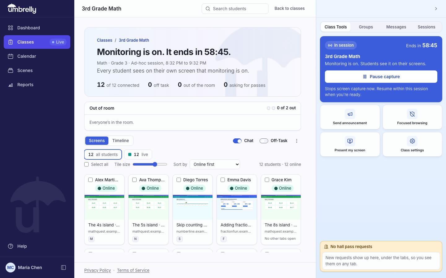 Umbrelly live class page for 3rd Grade Math: Monitoring is on, it ends in 58:45, 12 of 12 connected and 0 off task, a grid of student tiles with Online status, page titles and screen thumbnails, and class tools for pausing capture, announcements, focused browsing and presenting