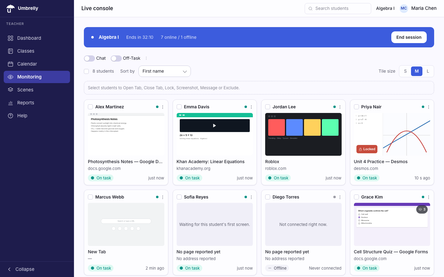 Umbrelly teacher live console showing eight student tiles with page titles and online or offline status