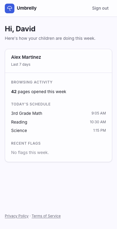 Parent dashboard on a phone showing a child's weekly summary: pages opened, today's schedule, and no flags this week