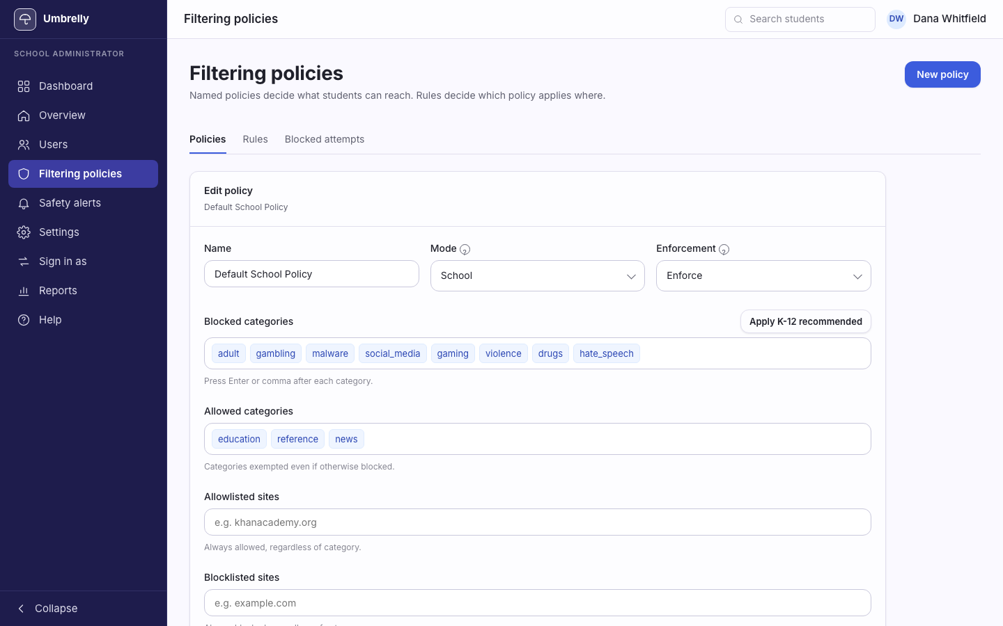 Umbrelly filtering policy editor with blocked categories, allowed categories, allowlisted and blocklisted sites