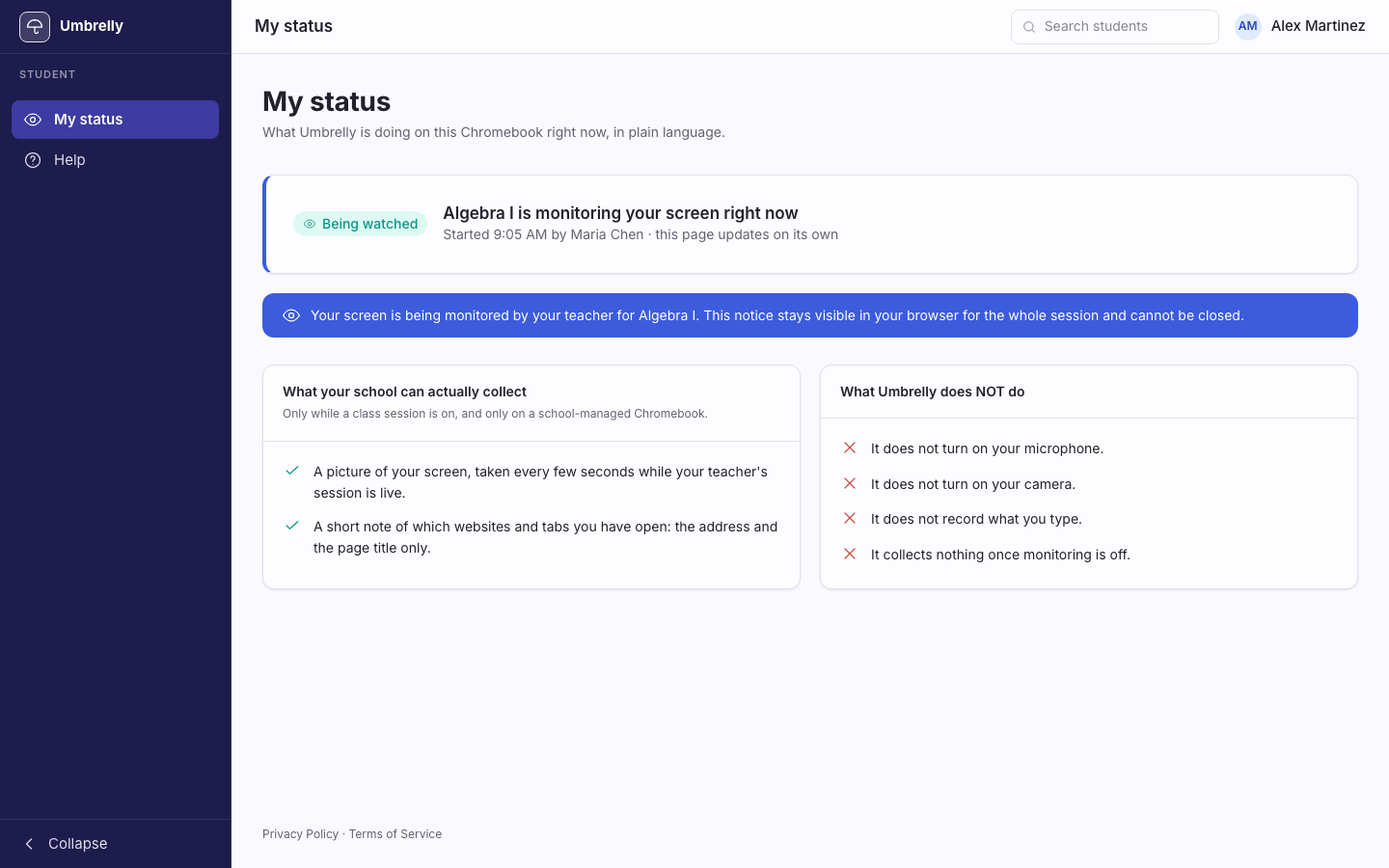 Student status page with a Being watched pill, a persistent monitoring banner, and lists of what the school can collect and what Umbrelly does not do